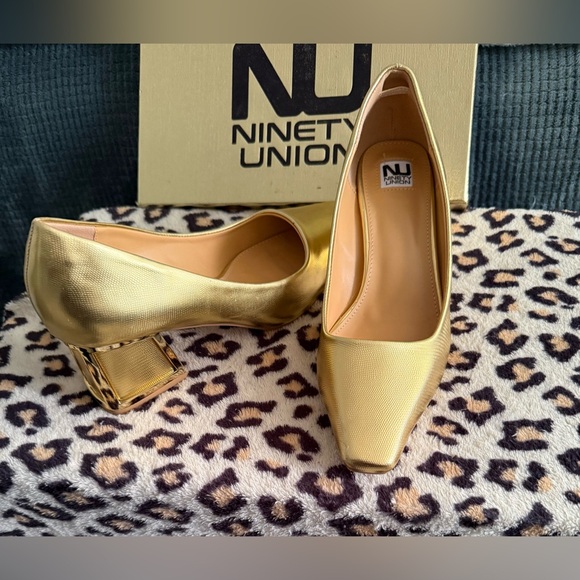 Ninety Union Shoes - Ninety Union Gold Women's Square Stack Heels Shoes NEW Size 8 Church Formal